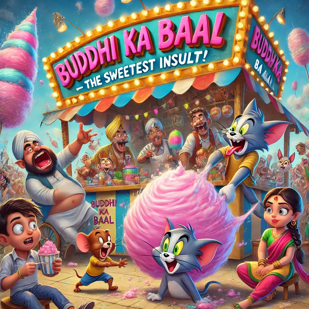 A fun and vibrant illustration of Buddhi Ka Baal (cotton candy) at a carnival, featuring a vendor spinning massive pink and blue cotton candy clouds, kids laughing at the name, and a dramatic Bollywood-style character struggling to eat it. Tom (from Tom & Jerry) is tangled in cotton candy while Jerry enjoys his treat.