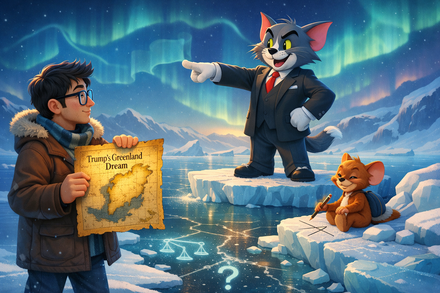 Tom and Jerry styled illustration symbolizing Trump’s Greenland Dream and geopolitical tension in the Arctic. Trumps Greenland Dream.